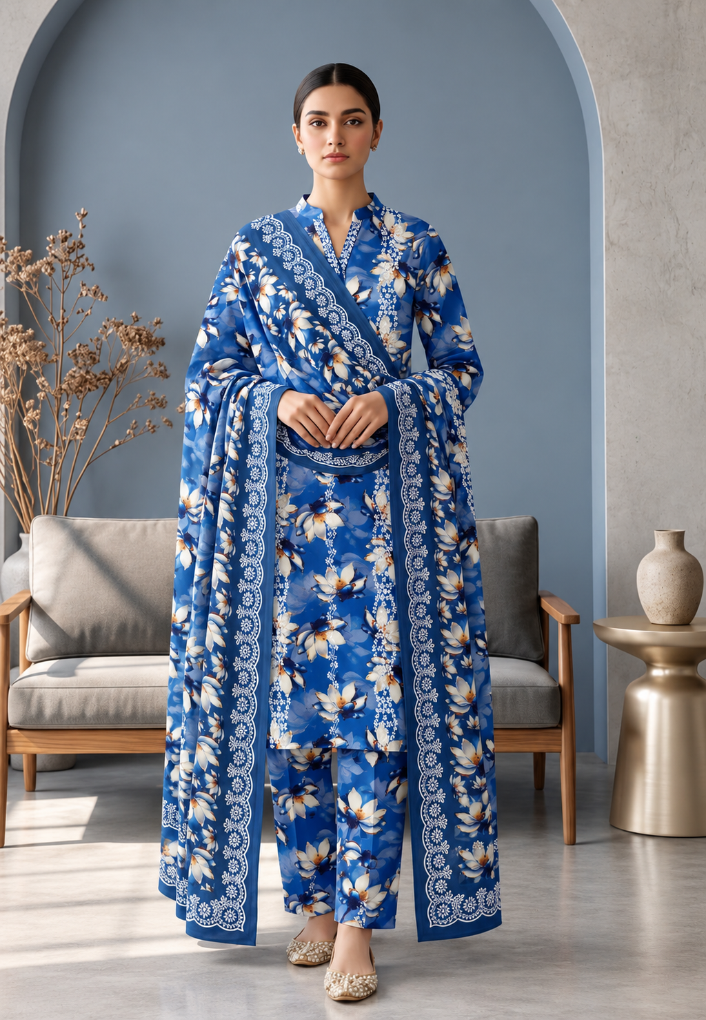 Koyal | Slub Linen Printed Emboridered 3-Piece Suit