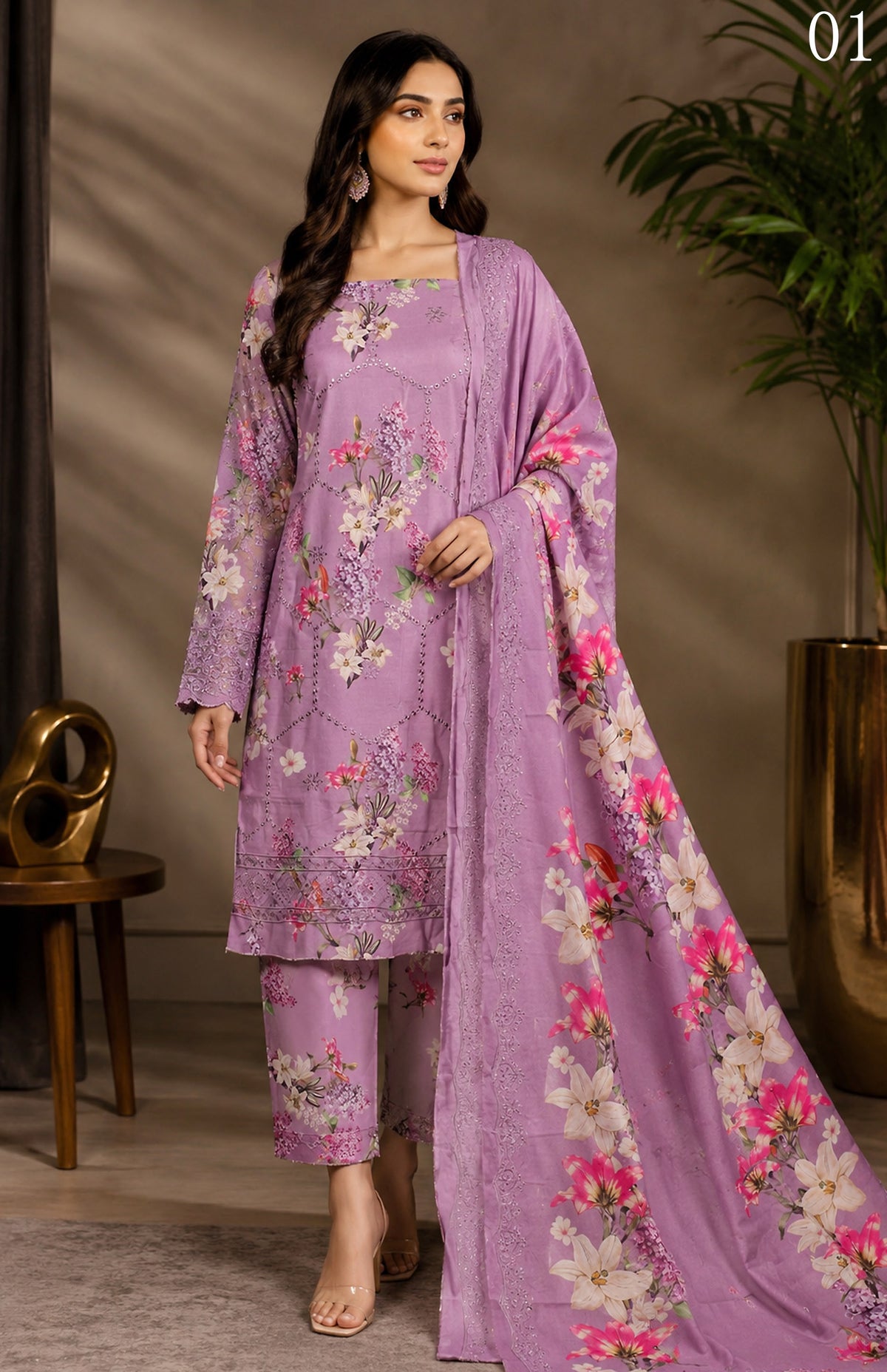 Gul Kari | Slub Linen Printed Emboridered 3-Piece Suit