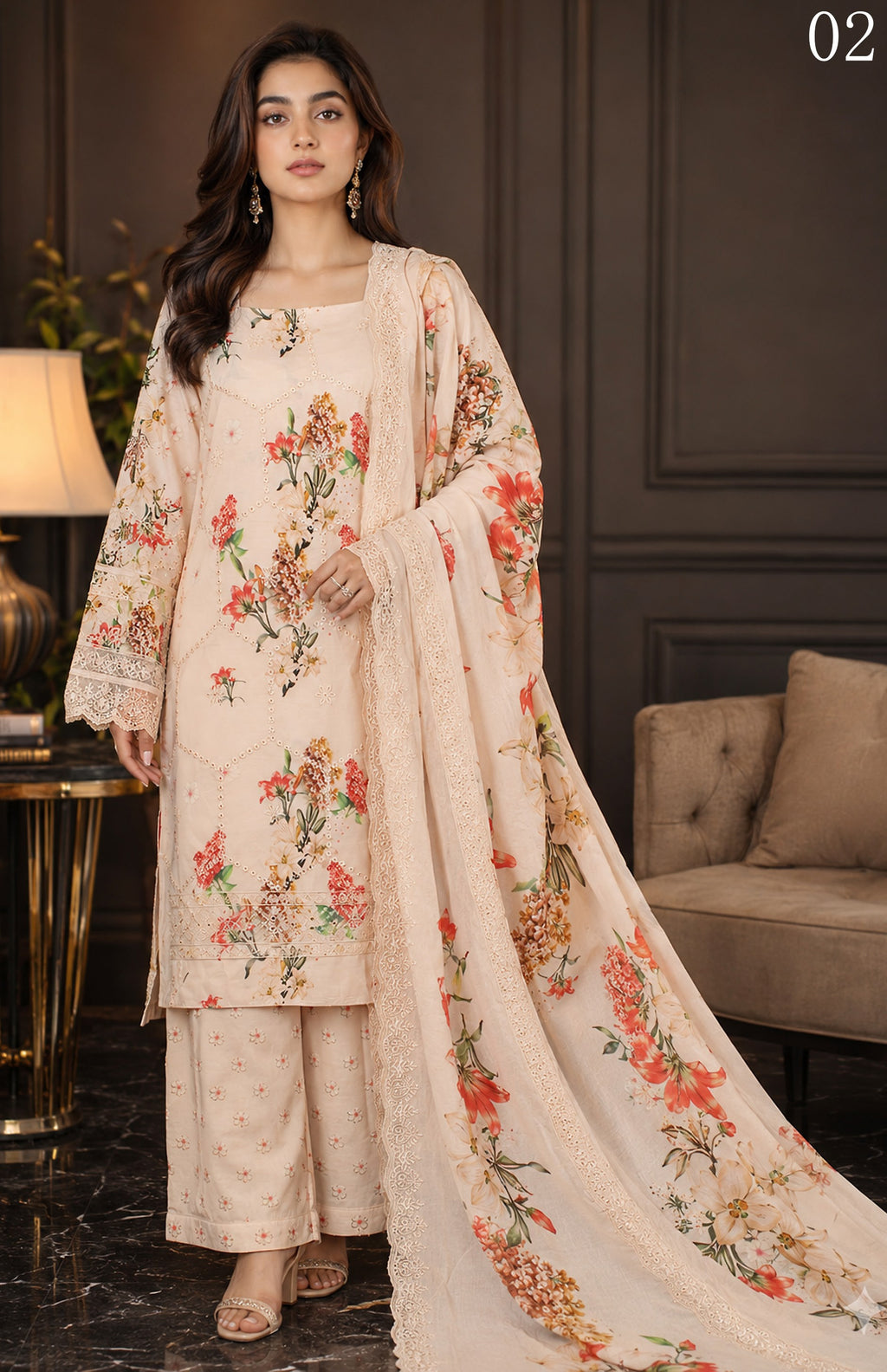 Gul Kari | Slub Linen Printed Emboridered 3-Piece Suit