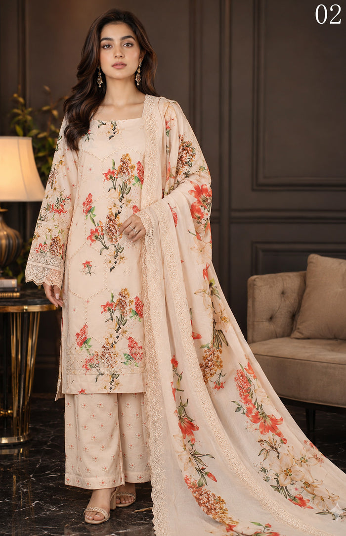 Gul Kari | Slub Linen Printed Emboridered 3-Piece Suit