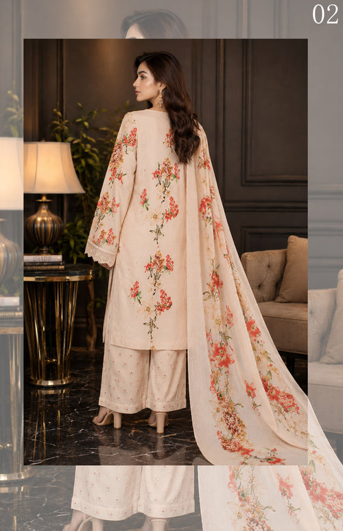 Gul Kari | Slub Linen Printed Emboridered 3-Piece Suit