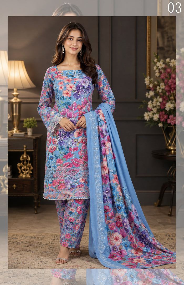 Gul Kari | Slub Linen Printed Emboridered 3-Piece Suit