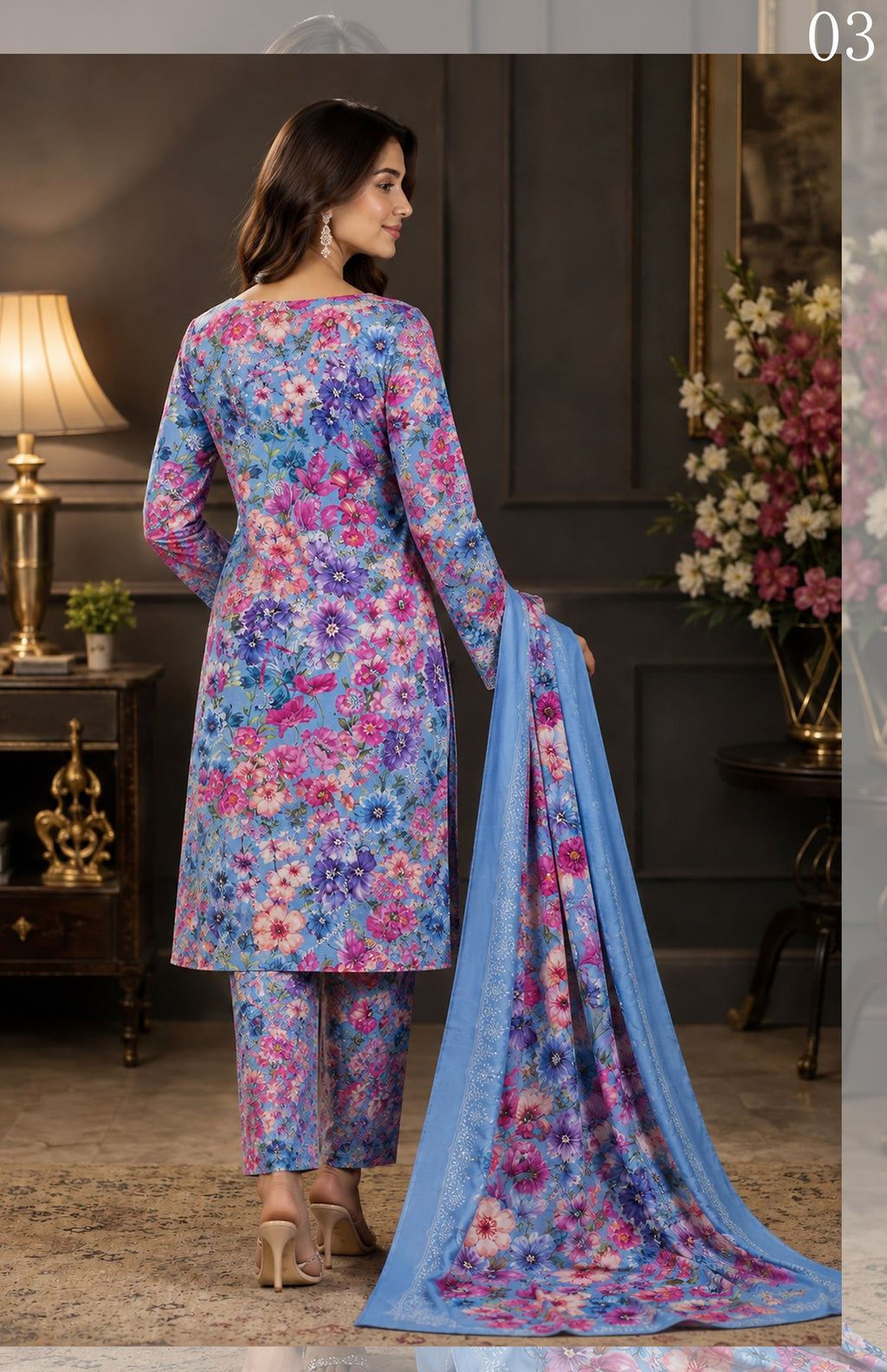 Gul Kari | Slub Linen Printed Emboridered 3-Piece Suit
