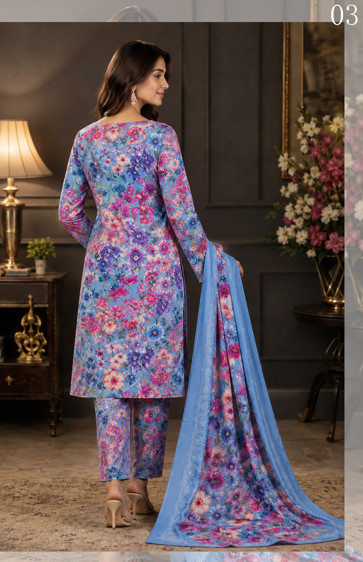 Gul Kari | Slub Linen Printed Emboridered 3-Piece Suit