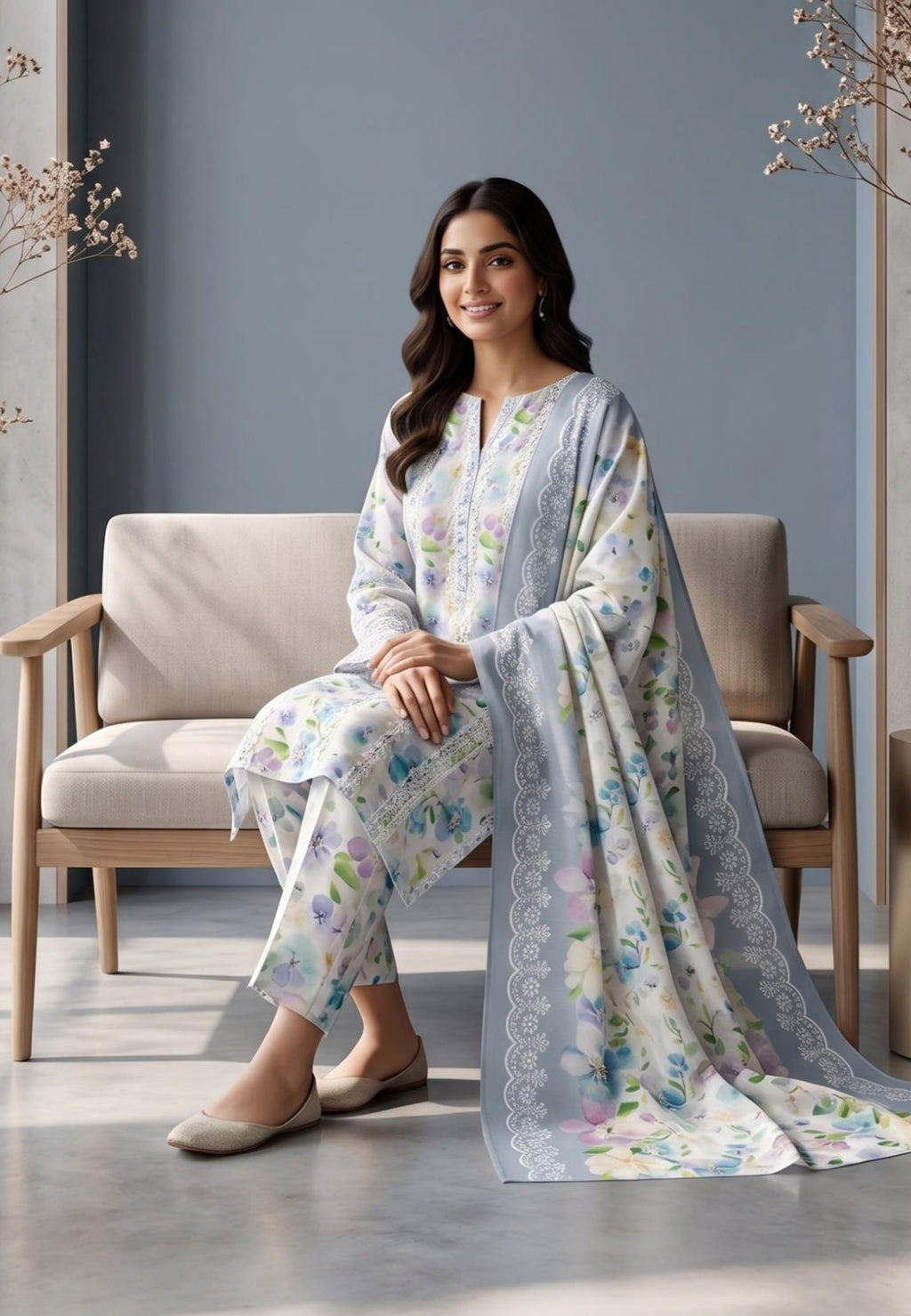 Koyal | Slub Linen Printed Emboridered 3-Piece Suit