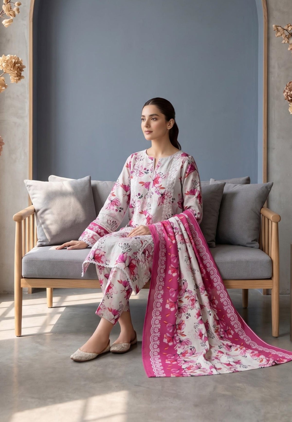 Koyal | Slub Linen Printed Emboridered 3-Piece Suit