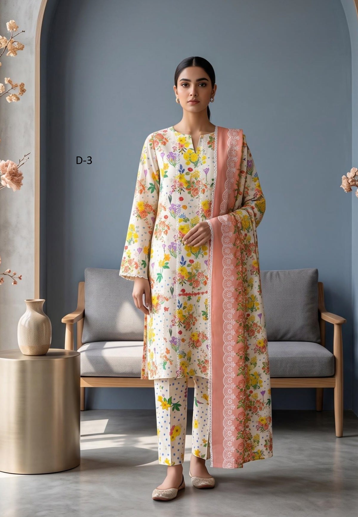 Koyal | Slub Linen Printed Emboridered 3-Piece Suit