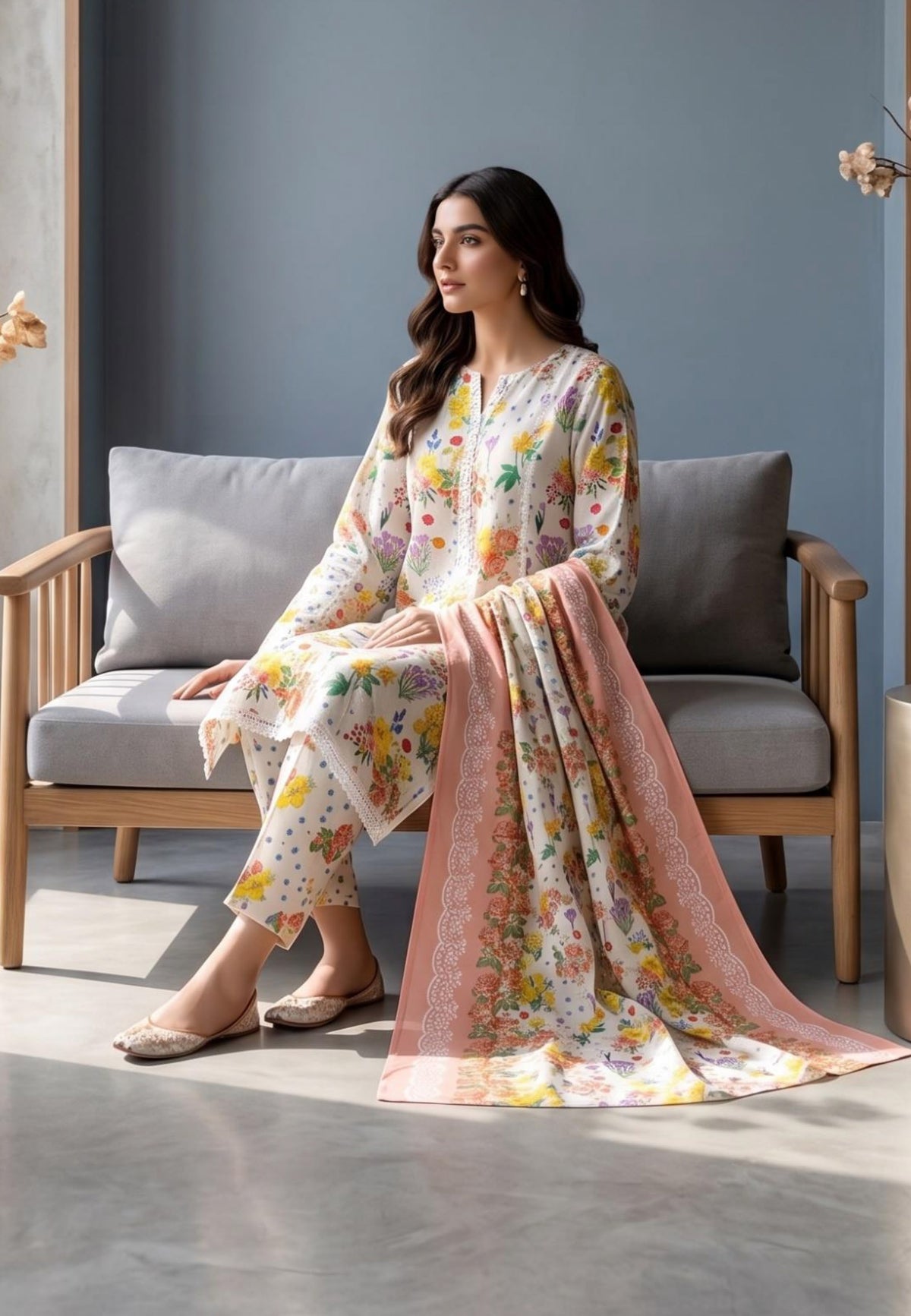 Koyal | Slub Linen Printed Emboridered 3-Piece Suit