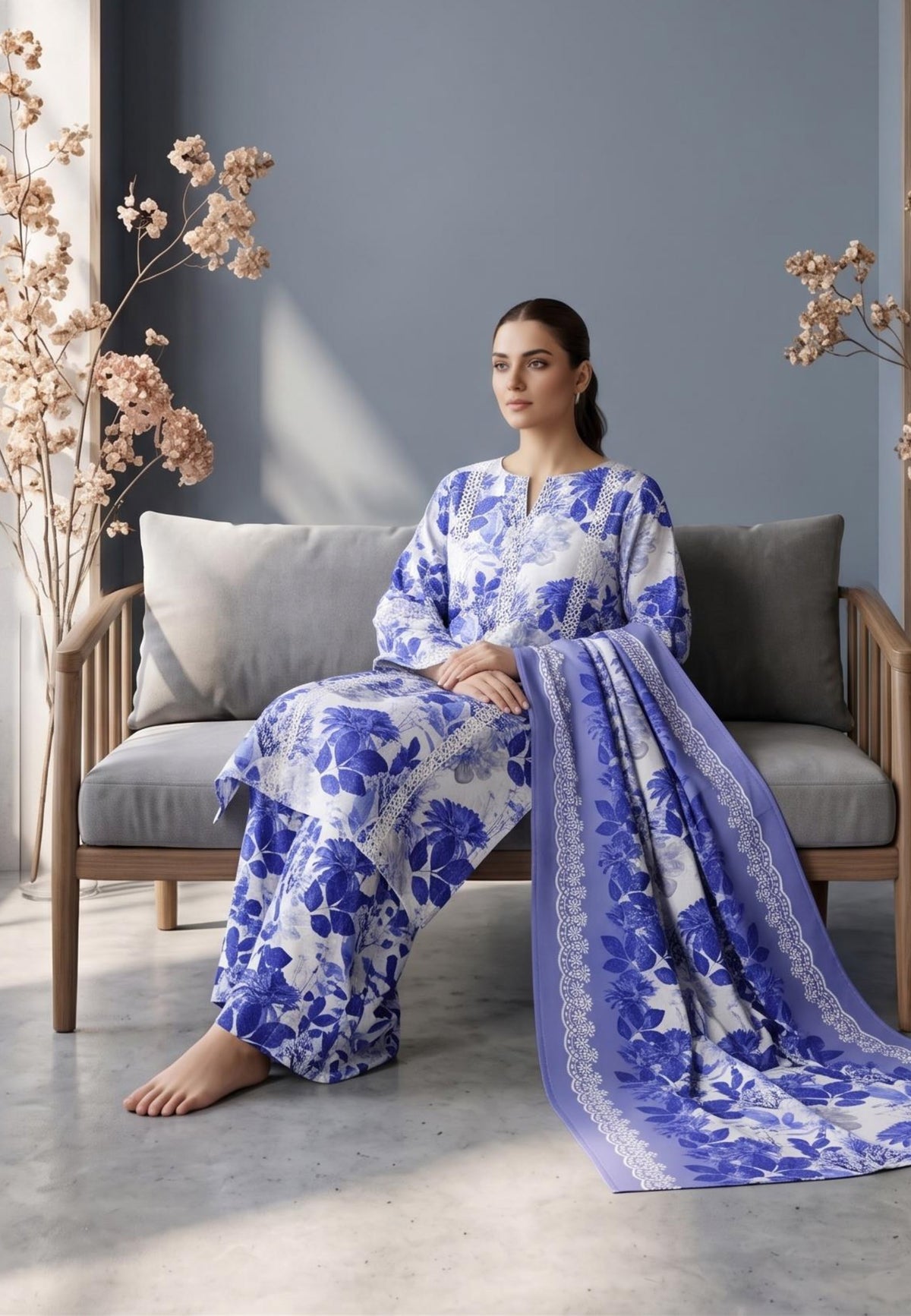 Koyal | Slub Linen Printed Emboridered 3-Piece Suit