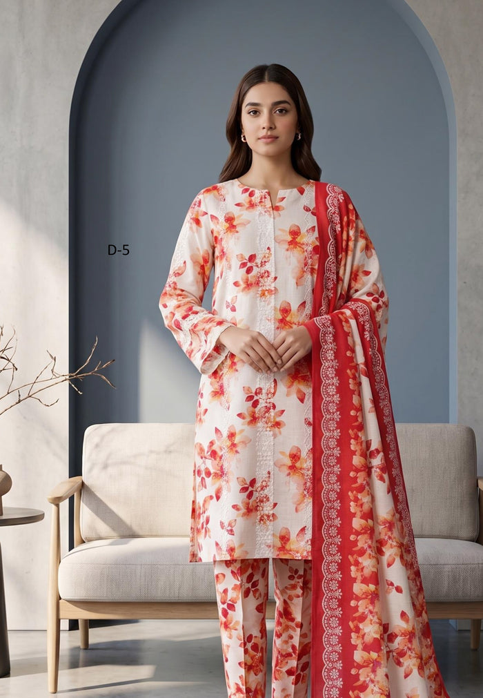 Koyal | Slub Linen Printed Emboridered 3-Piece Suit