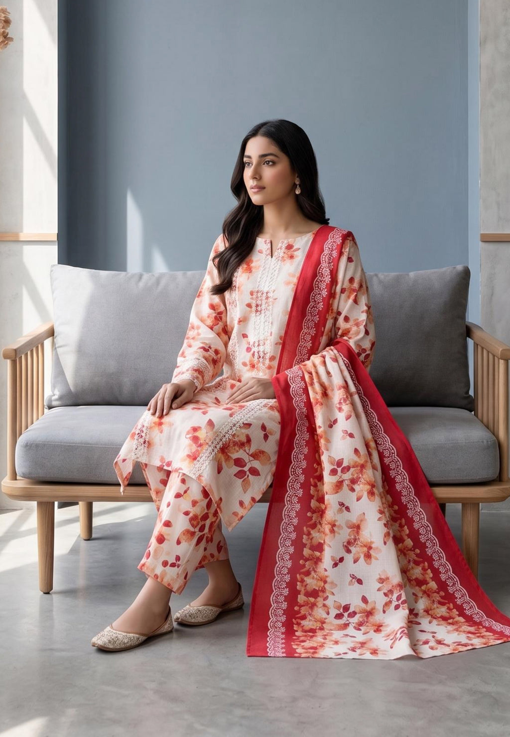 Koyal | Slub Linen Printed Emboridered 3-Piece Suit