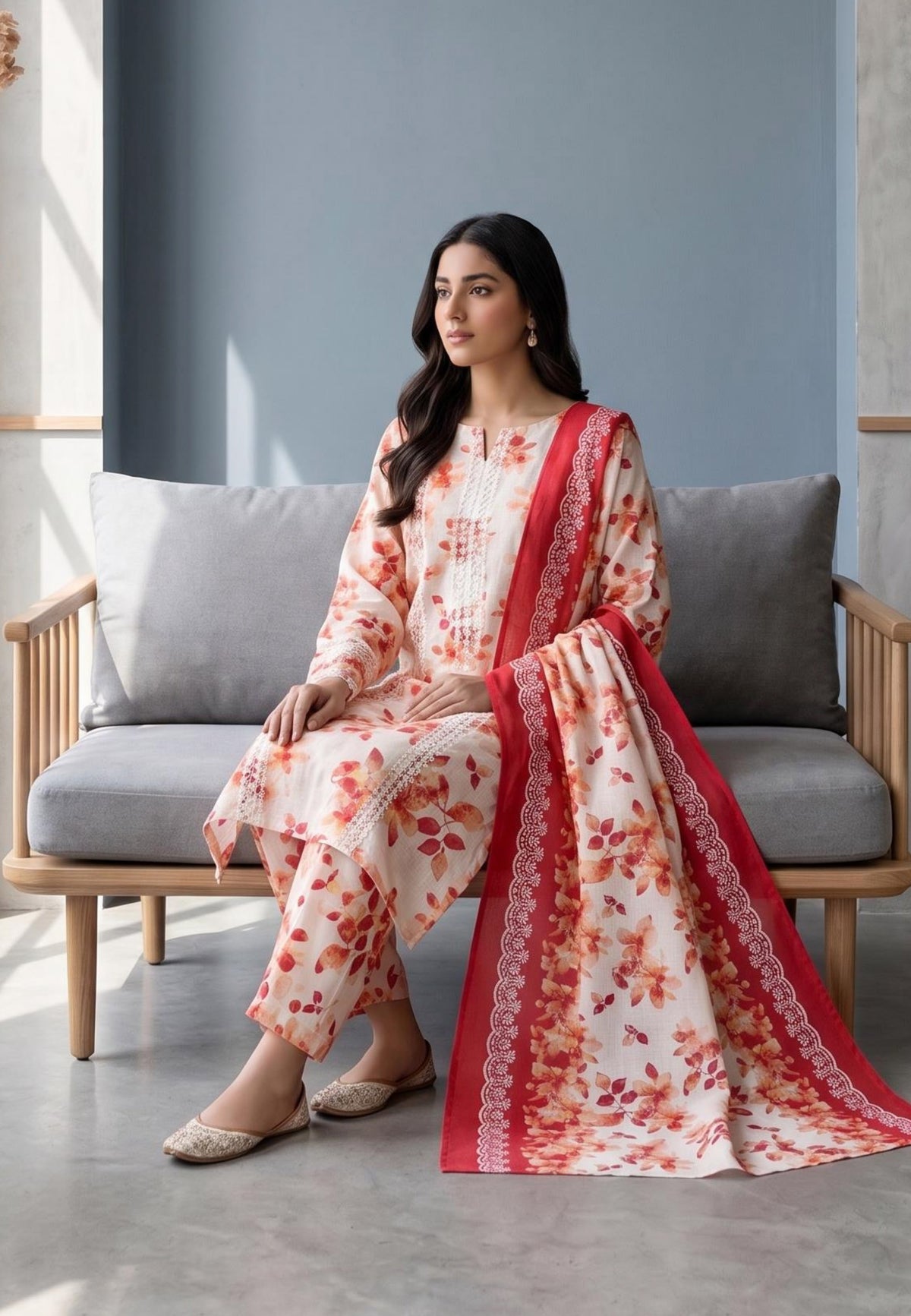 Koyal | Slub Linen Printed Emboridered 3-Piece Suit