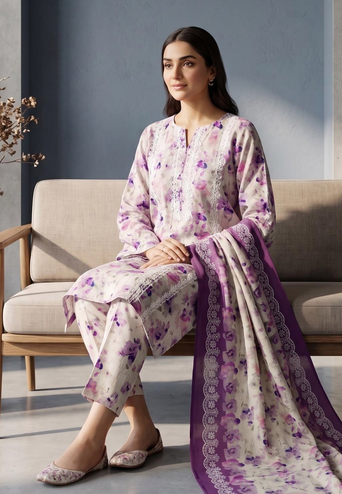 Koyal | Slub Linen Printed Emboridered 3-Piece Suit