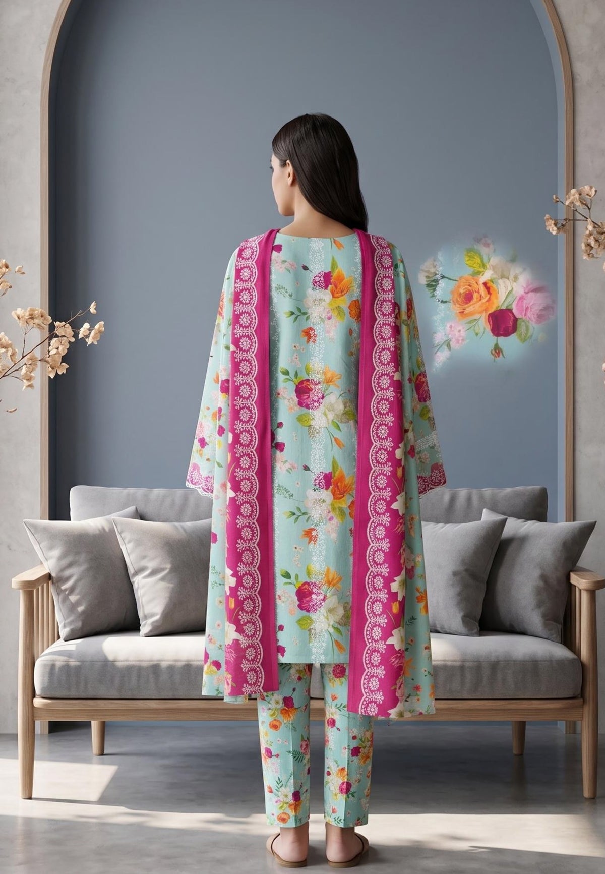 Koyal | Slub Linen Printed Emboridered 3-Piece Suit