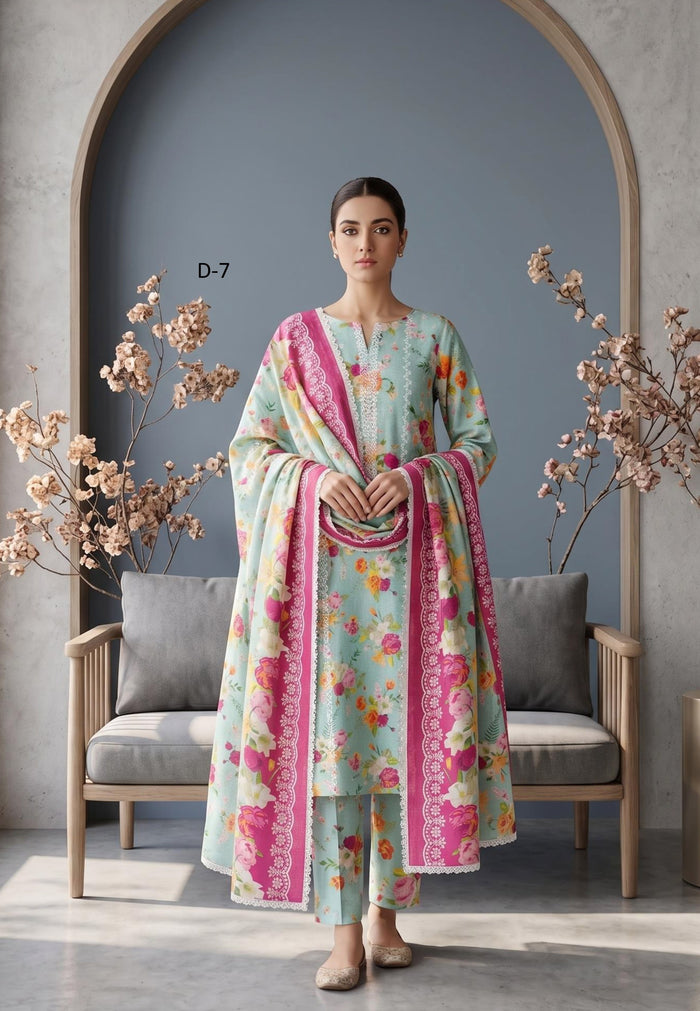 Koyal | Slub Linen Printed Emboridered 3-Piece Suit