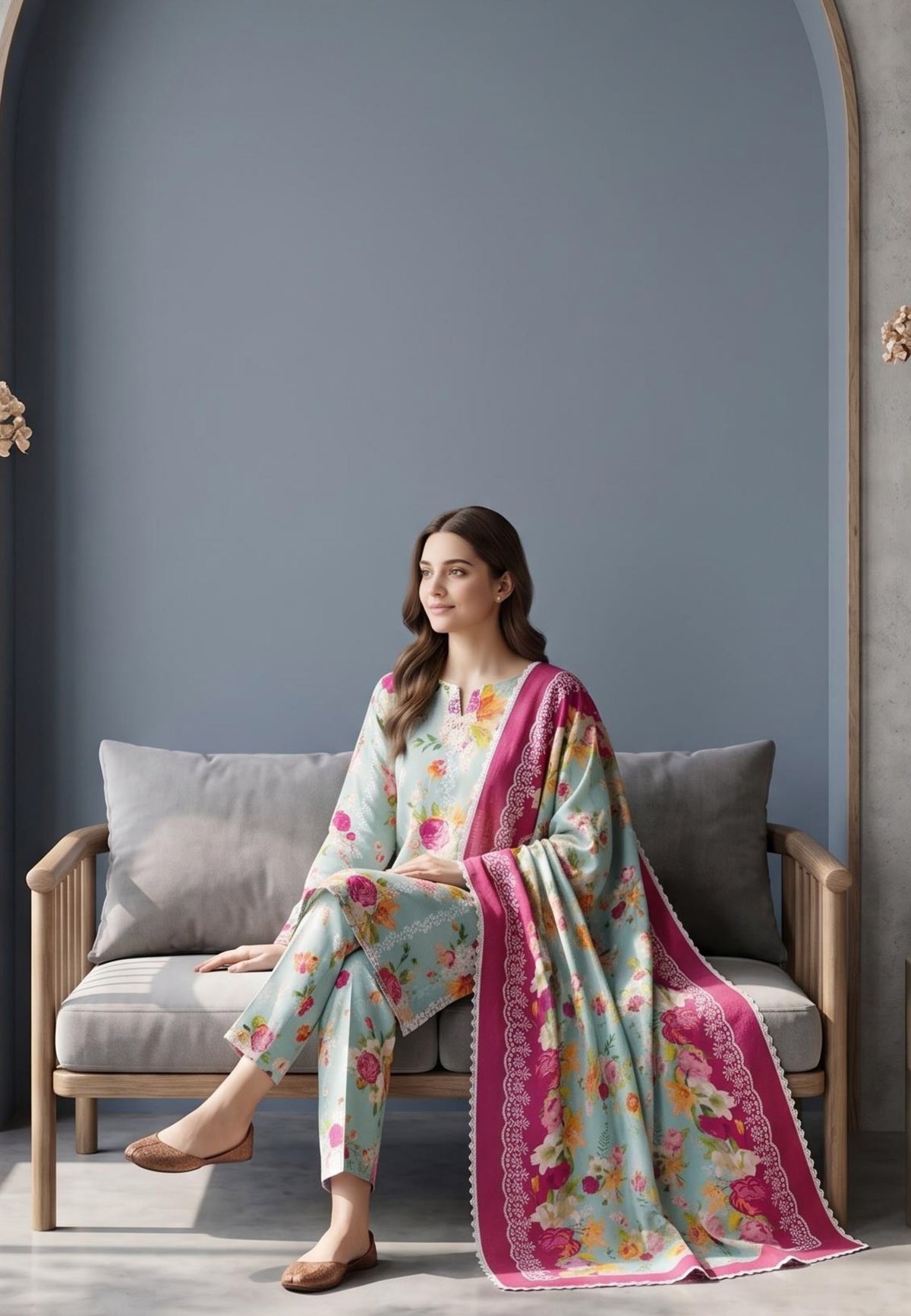 Koyal | Slub Linen Printed Emboridered 3-Piece Suit