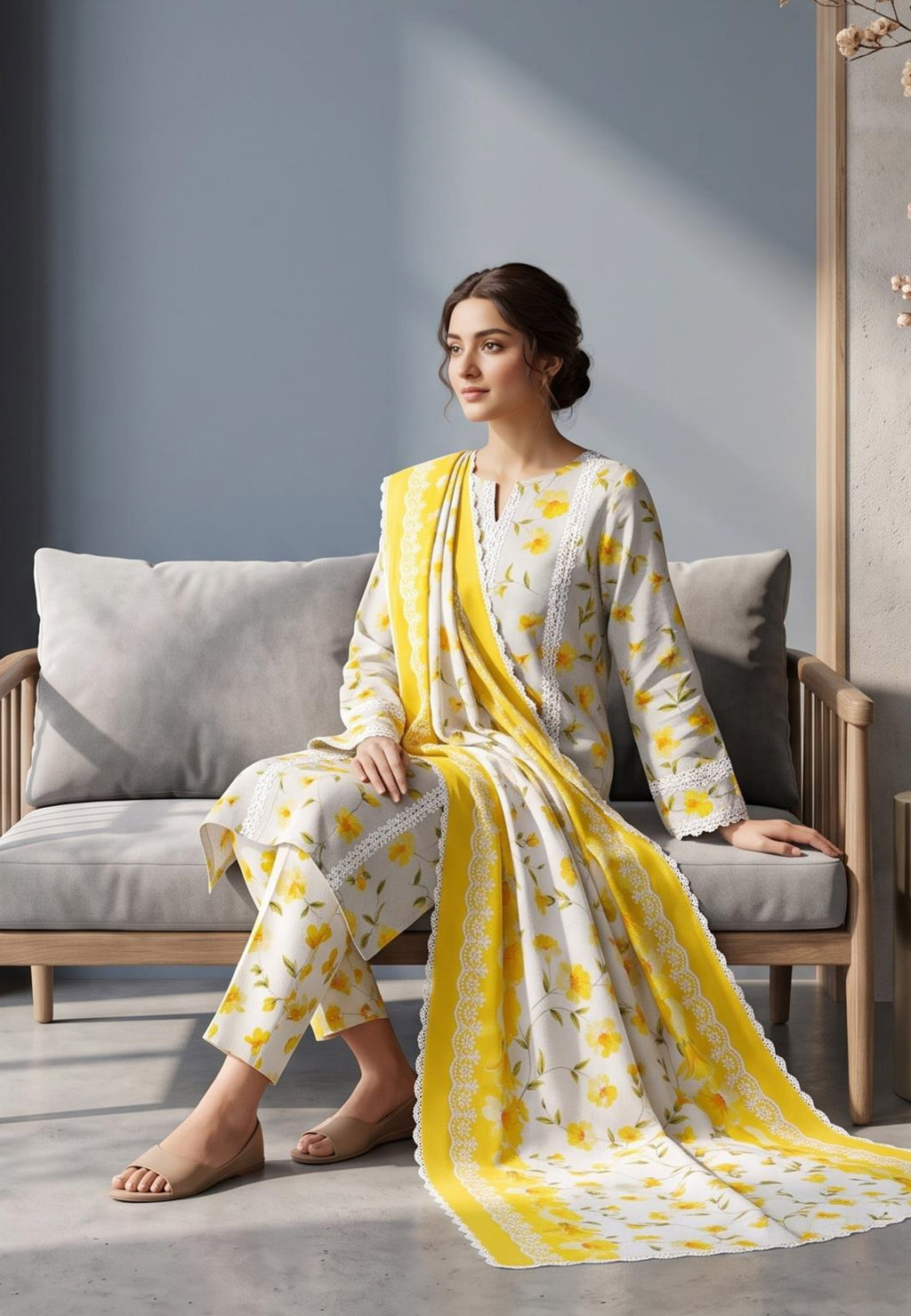 Koyal | Slub Linen Printed Emboridered 3-Piece Suit