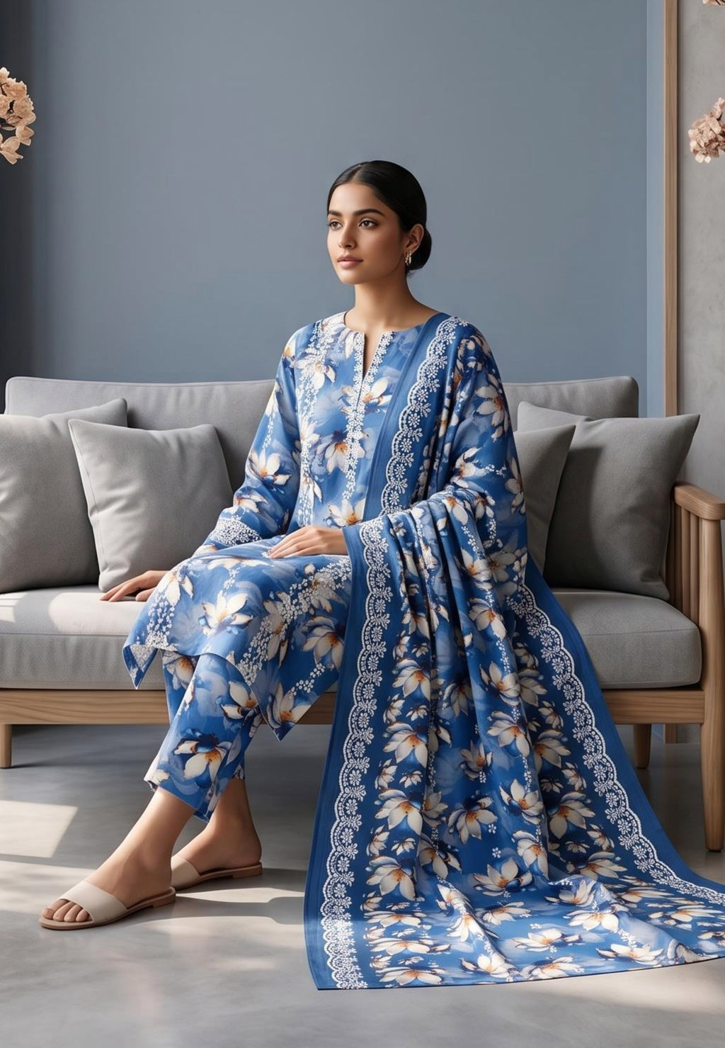 Koyal | Slub Linen Printed Emboridered 3-Piece Suit
