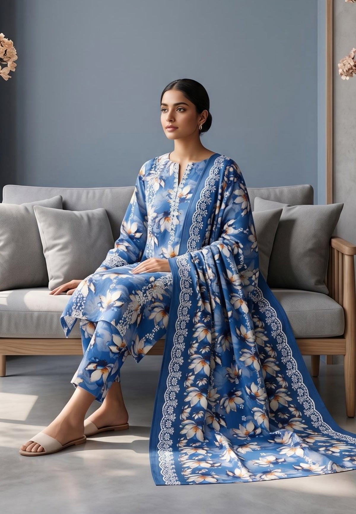Koyal | Slub Linen Printed Emboridered 3-Piece Suit